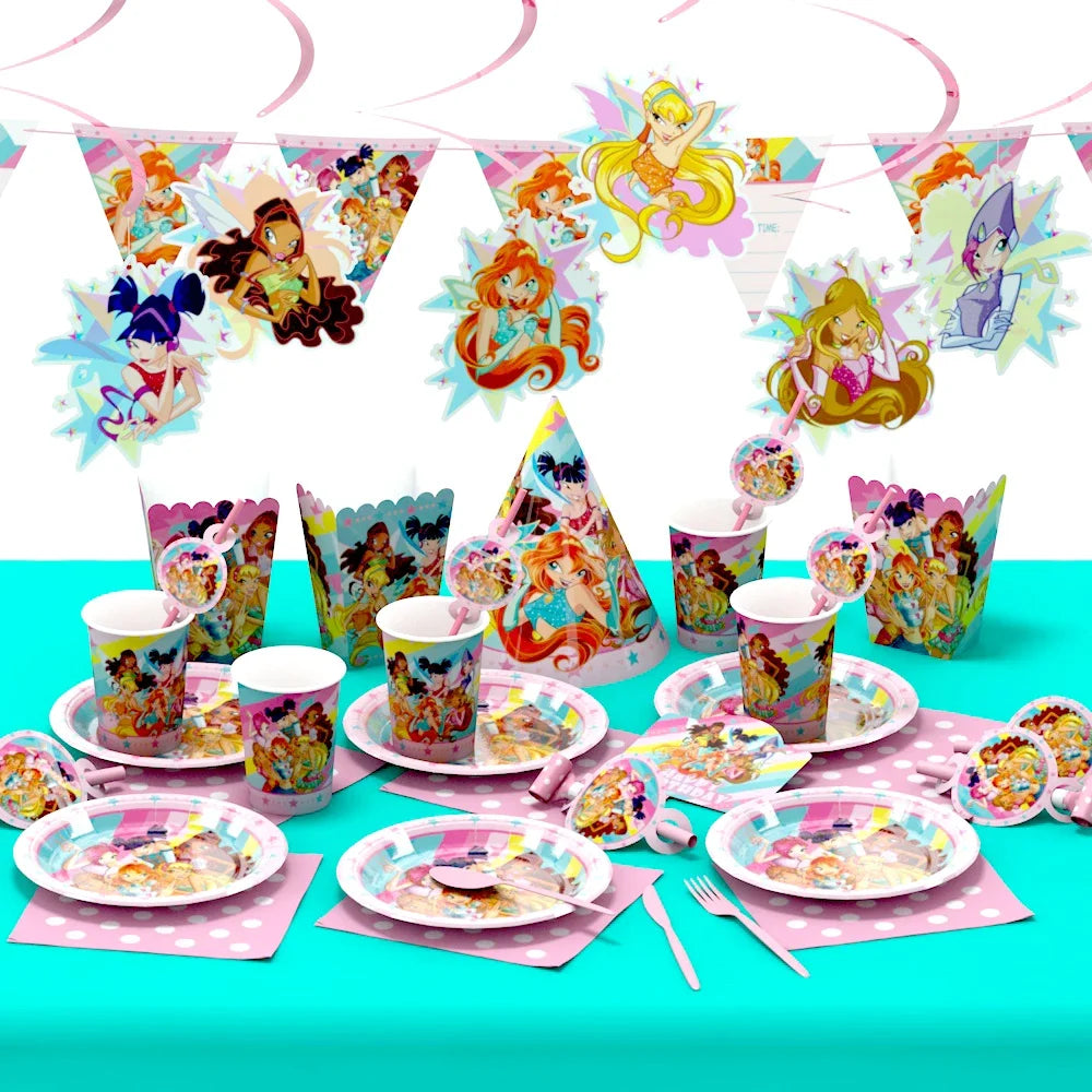kit décoration anniversaire fille thème fées assiettes gobelets chapeaux boîtes friandises rose bleu