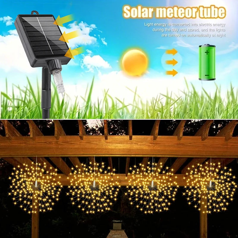 guirlande lumineuse solaire blanc doré feux d'artifice moderne clips extérieur modes éclairage festive jardin