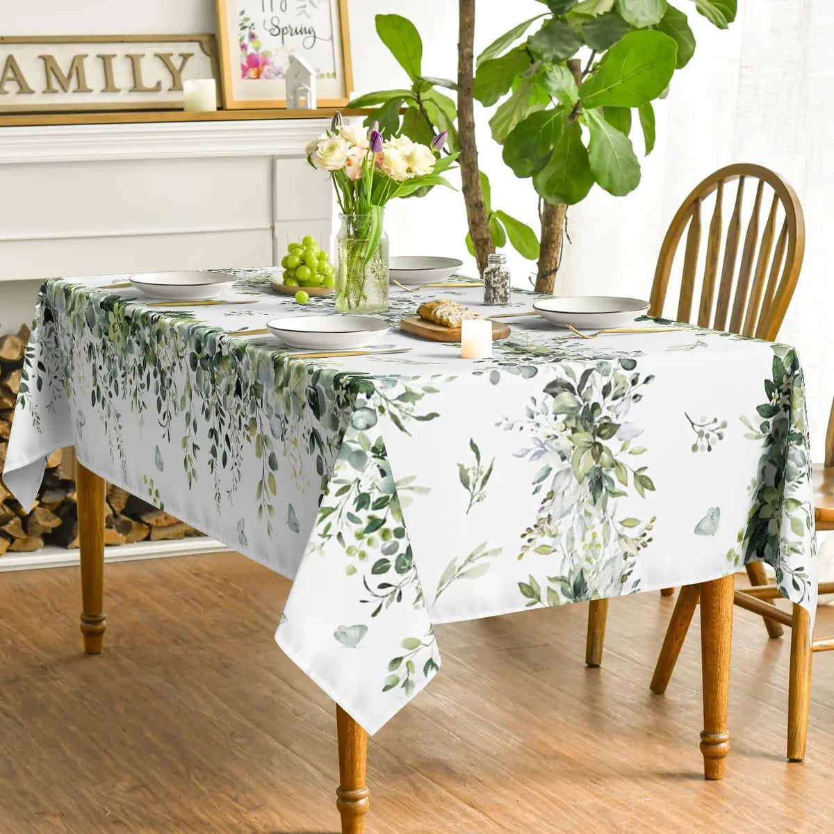 nappe table feuilles vert printemps moderne rectangle maison 140x140cm blanc verte