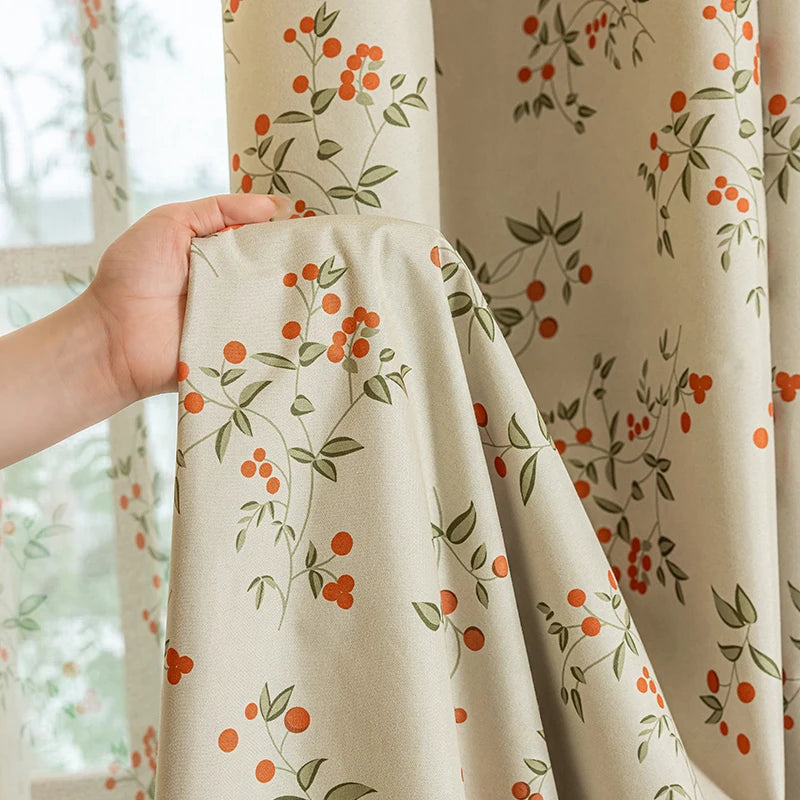 rideau fleurs feuilles opaques classique beige vert orange fenêtre Anneaux
