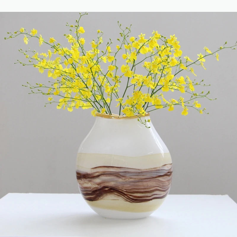 vase verre ondulé moderne motifs naturels couleurs blanc marron jaune rouge