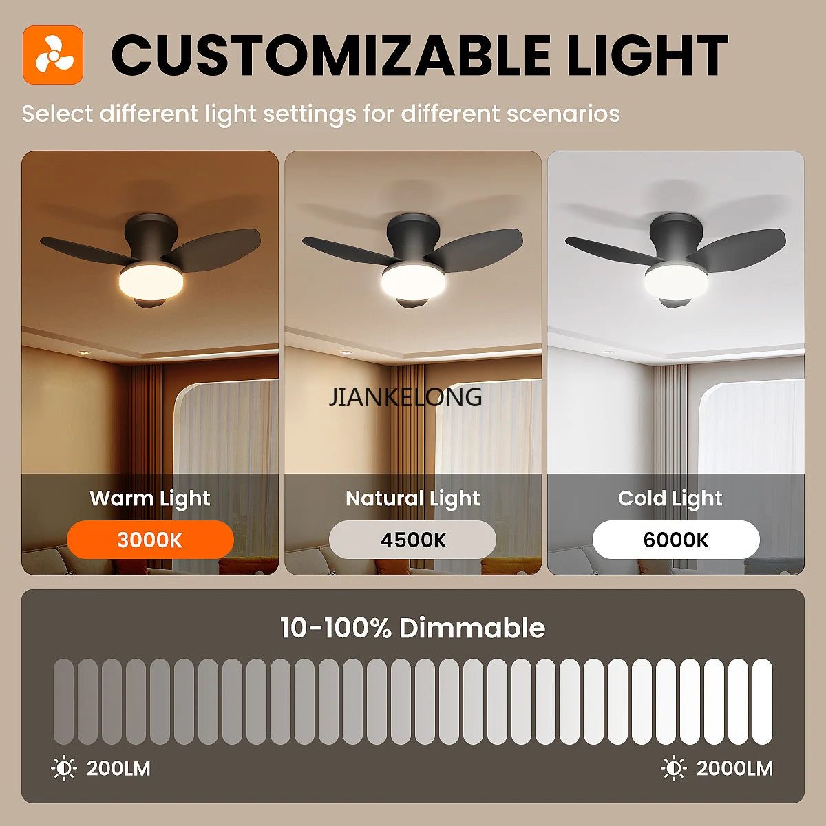 ventilateur blanc lampe intégrée moderne télécommande vitesses led reversible