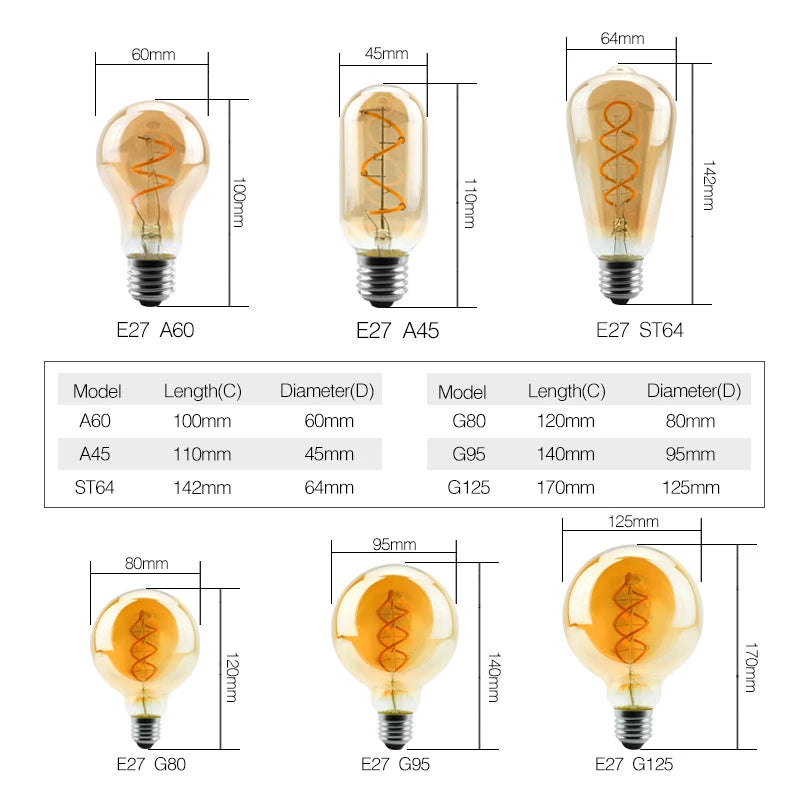 ampoules led spirale dorée retro translucides 2200k e27 4w 220v a60 c35 t45 st64