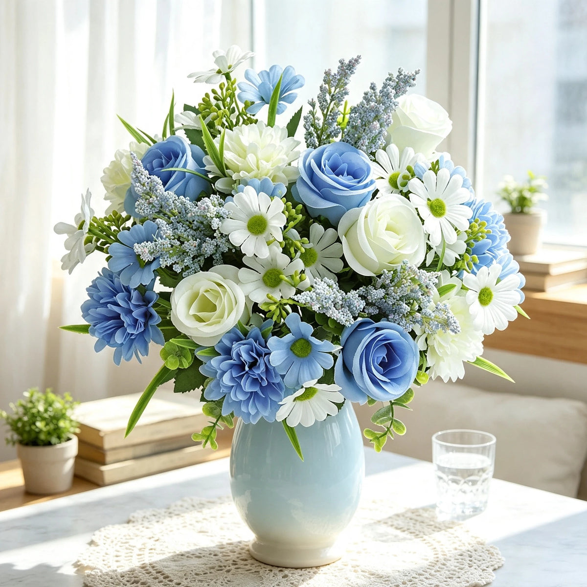Bouquet artificiel fleurs soie rose blanc bleu orange feuilles vertes décoration mariage anniversaireextérieur classique