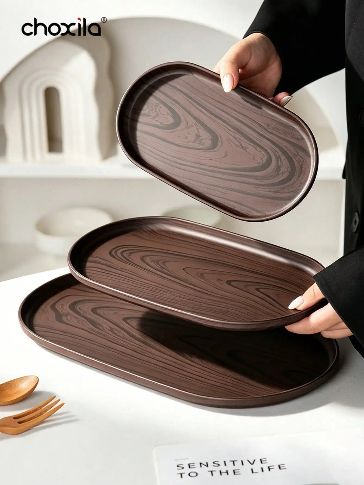 assiettes ovales marron marbre modernes set différentes tailles rangement maison decoration