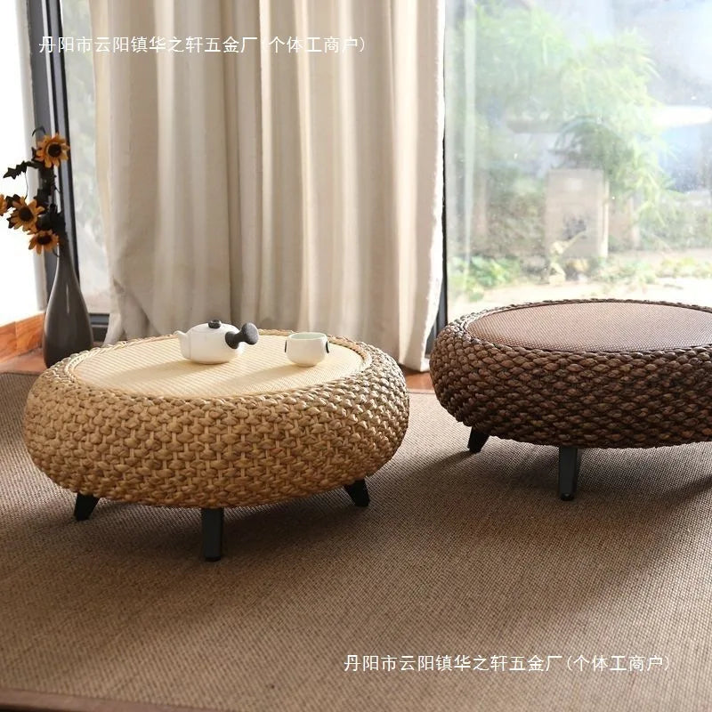 tabouret moderne rustique tissé beige clair foncé naturel pieds noirs salon assemblage facile
