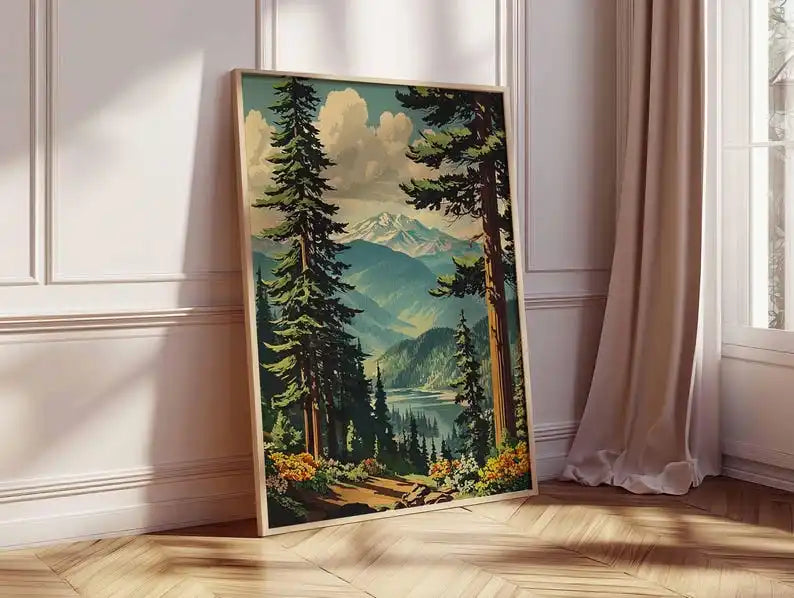 tableau toile paysage montagneux arbres fleurs lac vintage décoration salon chambre erotique naturelle sans