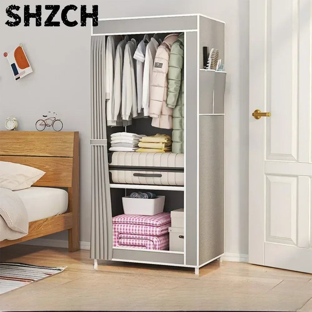 armoire vêtements tissu gris rouge bleu marine moderne rangement étagères boîtes capacités