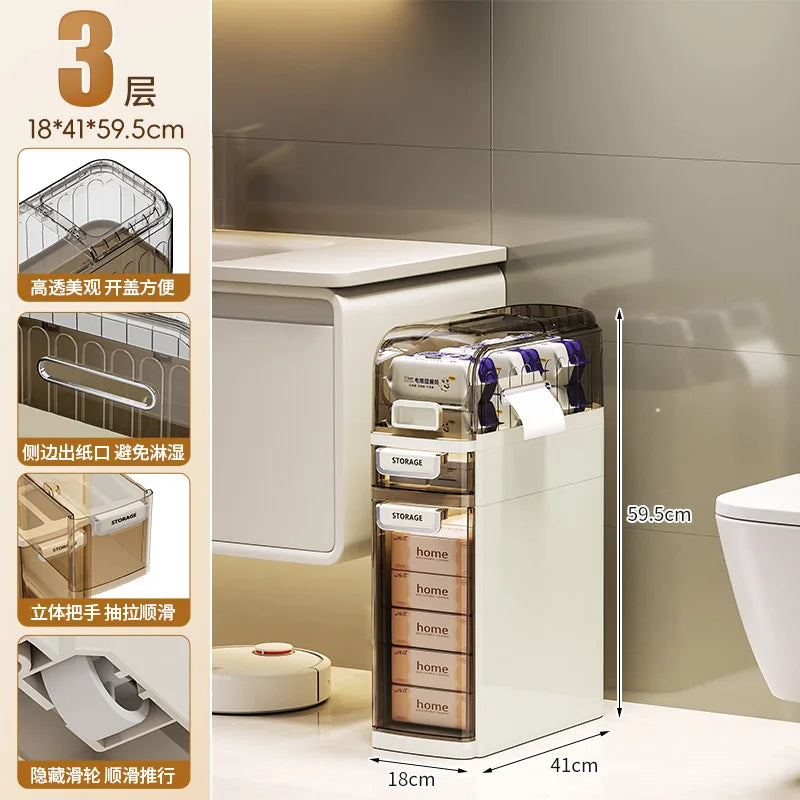 rangement salle bain moderne étages adhésif compartiments transparent beiges gris produits toilette papier serviettes