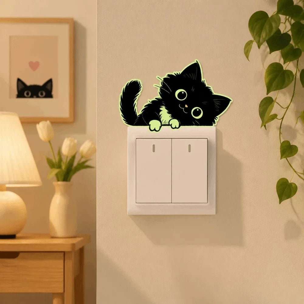 sticker mural chaton noir yeux lumineux cartoon adhésif pvc chambre noire décoration mur opaque