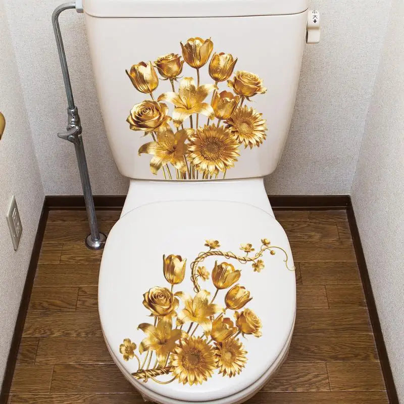 cache siège toilette blanc doré fleurs feuilles adhésif salle bain élégant classique deco intérieure