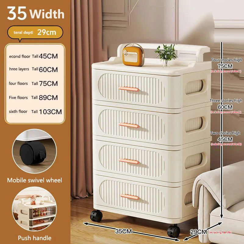 meuble rangement mobile tiroirs roulettes beige clair rayures horizontales moderne