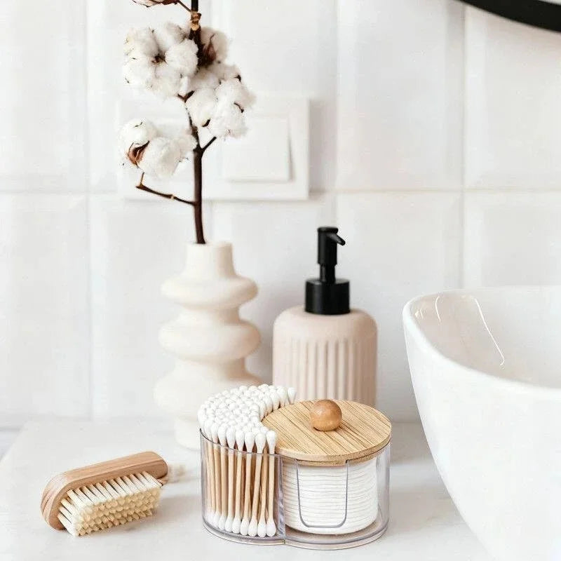 rangement transparent compartiments bois coton tiges disques démaquillants boite plastique moderne minimaliste