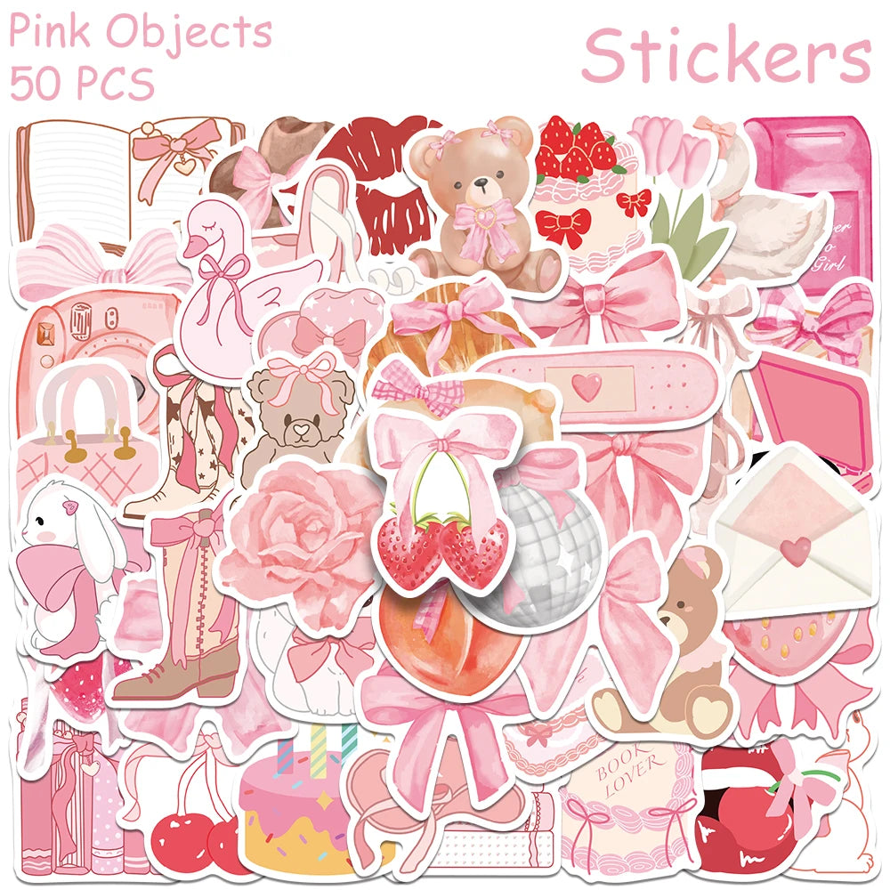 stickers illustration papillon rose blanc ours ballerines coeurs fleurs adhésifs 50pièces cartoon