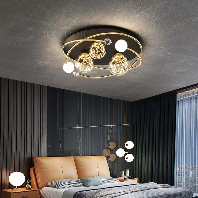 plafonnier moderne élégant noir doré sphères translucides points lumineux ledintérieur chambre salon