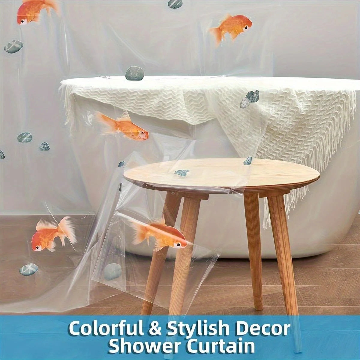 rideau douche transparent poissons dorés coquillages moderne bleu orange blanc gris 12 piques plastique