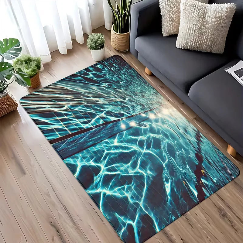 tapis moderne bleu blanc motif eau ondulée antidérapant extérieur salon machine lavable
