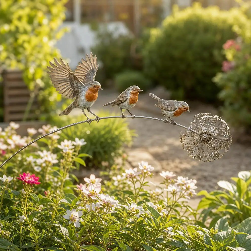 stake jardin moderne oiseaux vol motif pissenlit gris orange brun vert naturelextérieur