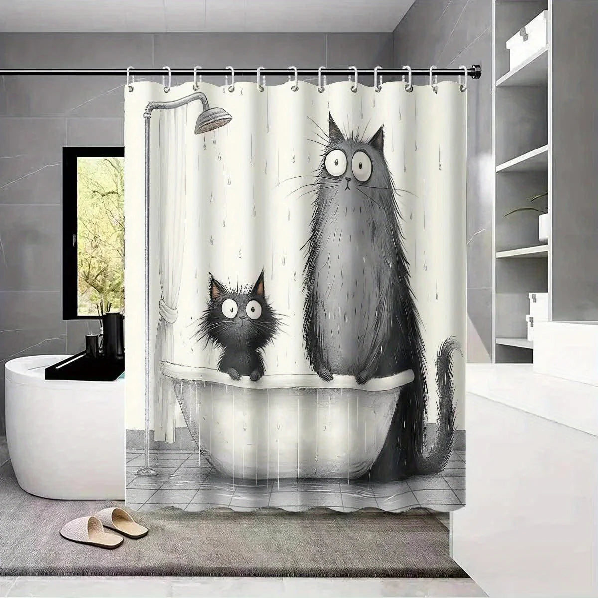 rideau douche chats baignoire illustration humoristique anneaux métalliques opacité blanc gris noir