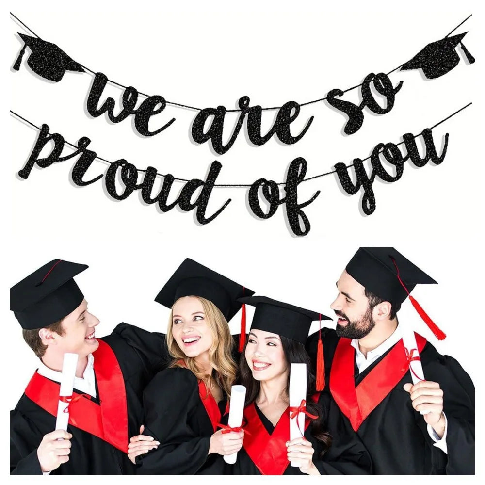guirlande décorative graduation rose pailleté or pailleté lettres calligraphiées chapeaux diplômés paillettes apparentes festivité