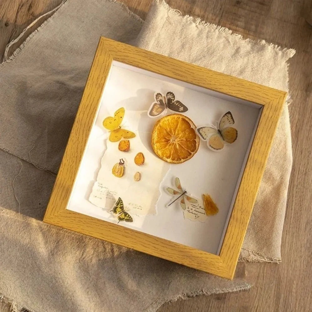 cadre photo bois naturel moderne décoration murale papillons fleurs séchées citron fixations contemporain minimaliste