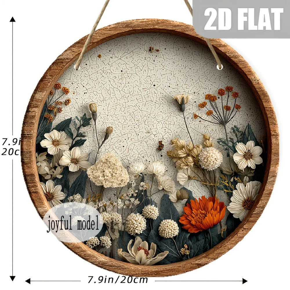 décoration murale ronde fleurs séchées bois clair blanc beige orange vert rustique bohème 20cm
