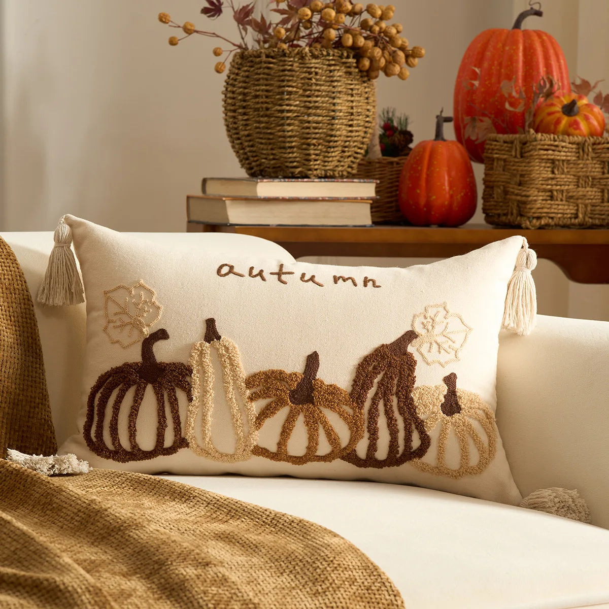 housse coussin brodée citrouille motif automne rustique tassel adhésif décoration maison nordique polyester coton