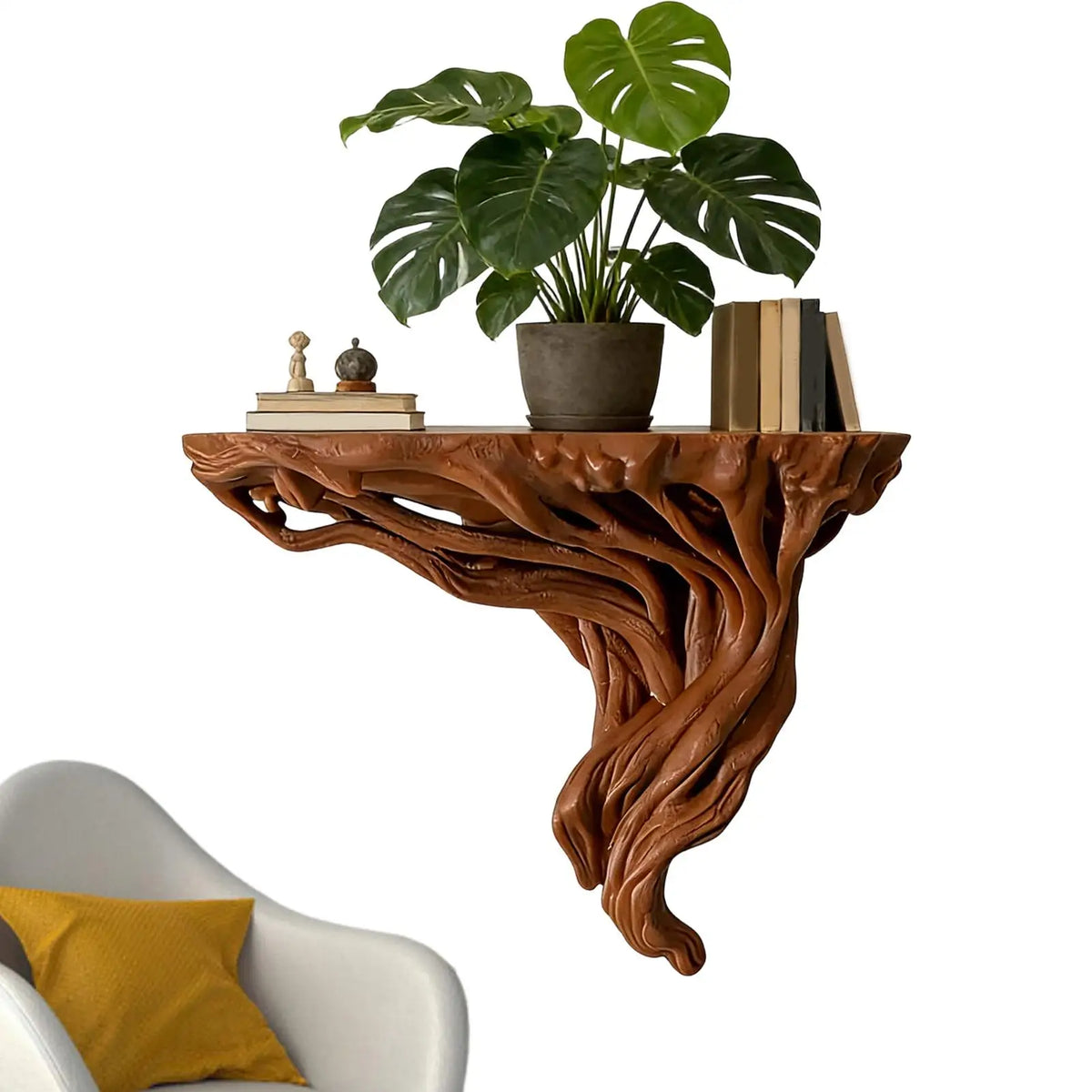 étagère murale marron clair sculptée tronc arbre texture naturelle rustique fixations