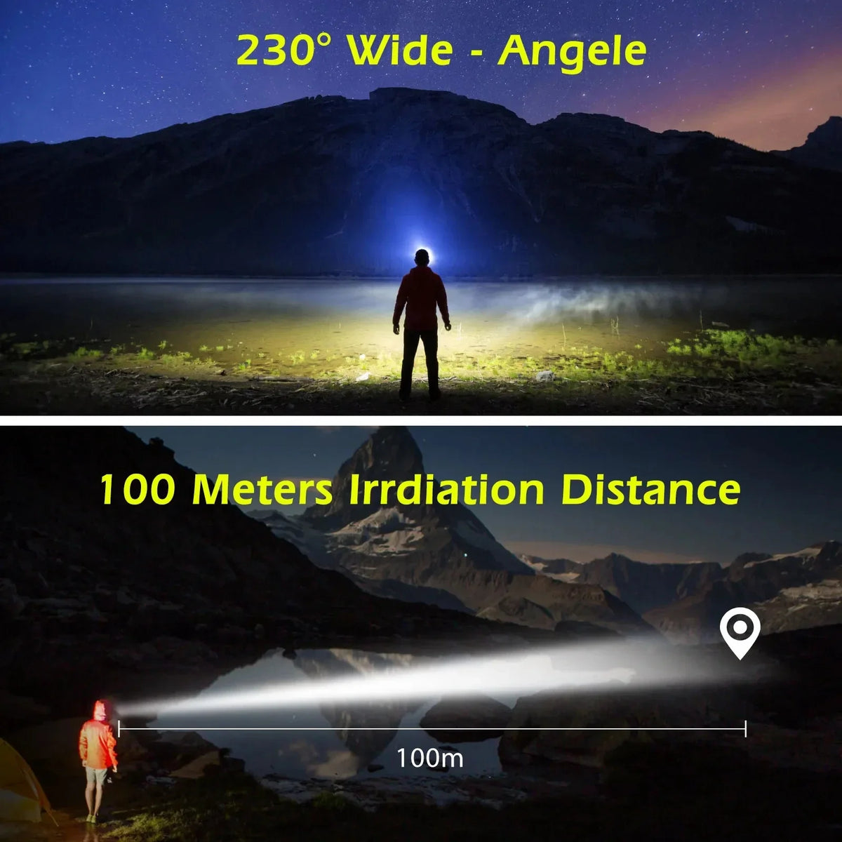 lampe frontale rechargeable led ipx4 camping pêche ceinture ajustable sensor switch noir jaune