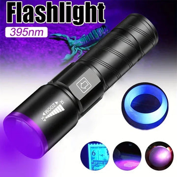 lampe torche uv led 395 365nm zoomable mini ultraviolet moderne noire violette