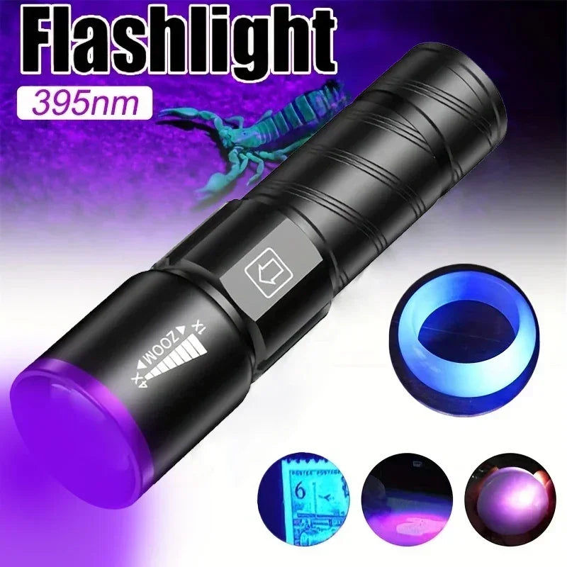 lampe torche uv led 395 365nm zoomable mini ultraviolet moderne noire violette