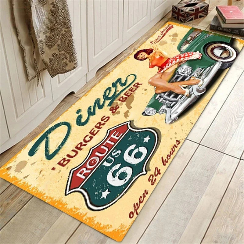 tapis multicolore route 66 pancarte voiture paysage urbain vintage antidérapant sol salon chambre bain