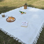 tapis plage rose blanc boho chic rayures diagonales franges pique nique extérieur portable
