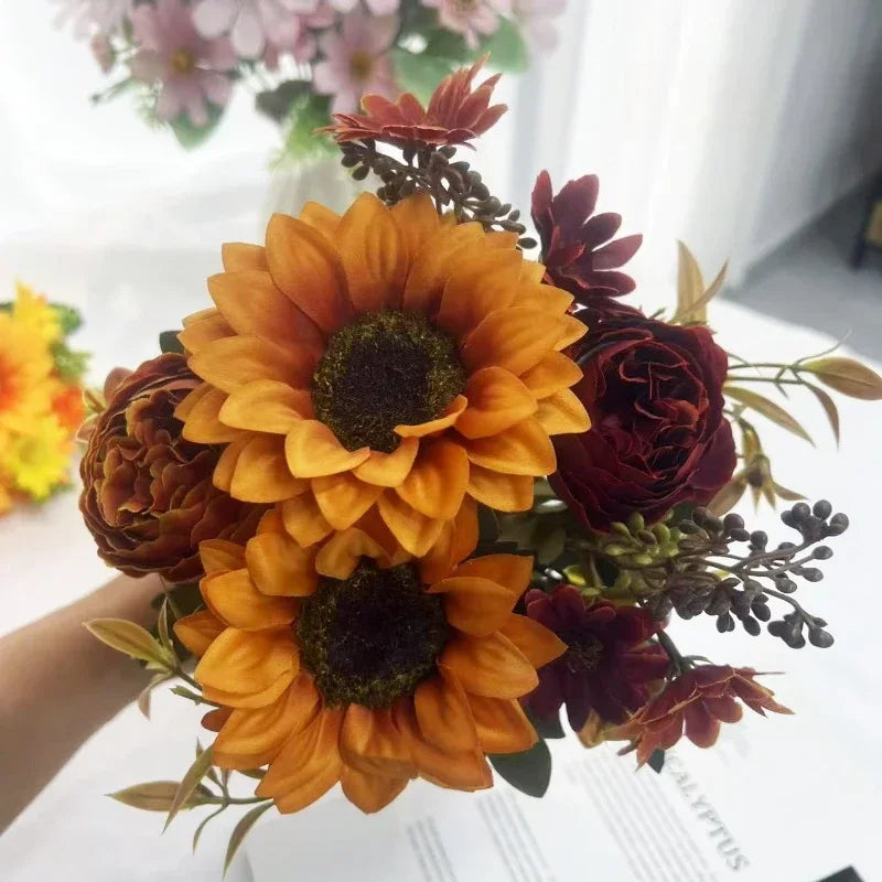 bouquet fleurs artificielles tournesol moderne orange jaune rouge blanc vert décoration intérieure mariage anniversaire