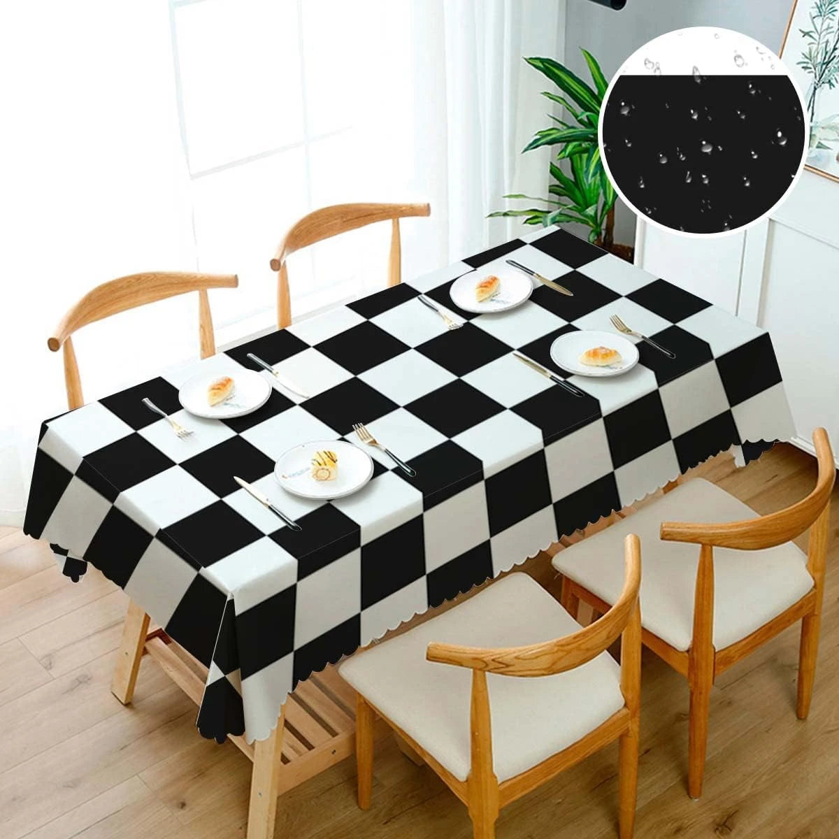 nappe rectangulaire imperméable carreaux noirs blancs moderne polyester réutilisable table manger farmhouse deco fête