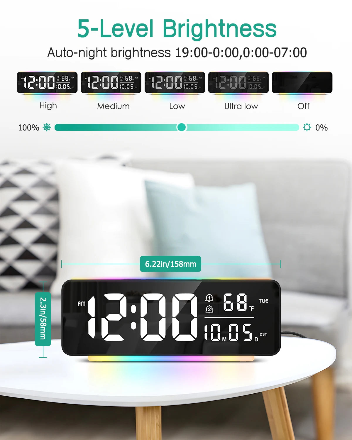 horloge numérique moderne led veilleuse rgb noir ambiancé affichage heure date
