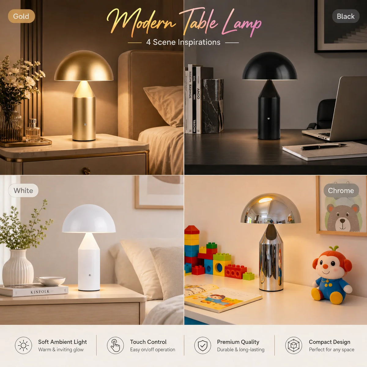 lampe table moderne or noir ambre led controle tactile usb charge chambre contemporaine compact