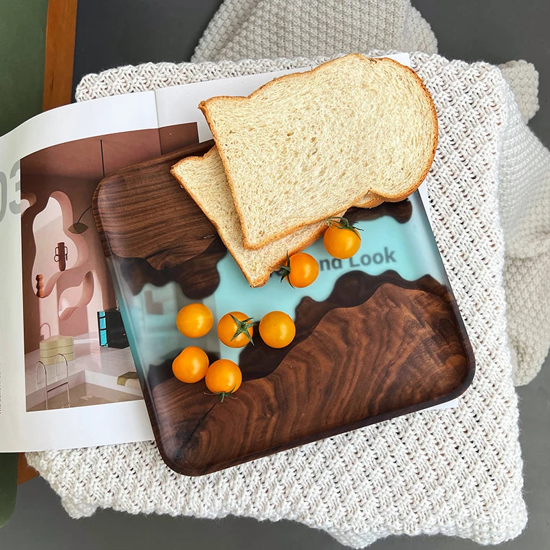 assiette moderne bois noyer résine marron foncé bleu clair texture naturelle grande capacité 28cm