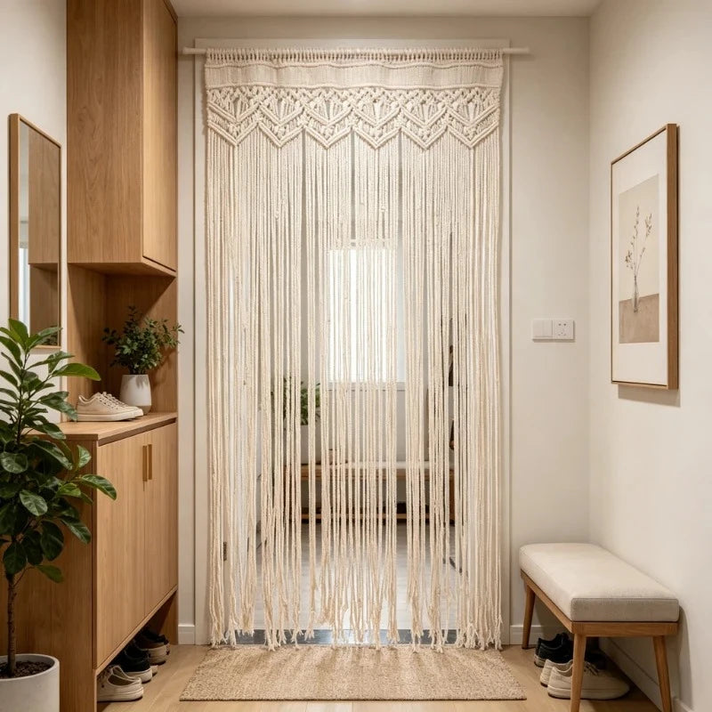 rideau macramé boho chic beige clair franges décoration murale chambre salon