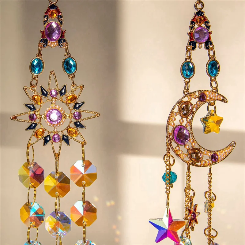suncatchers décoratifs cristaux irisés or violet bleu orange rose argent étoiles lune bohème fantaisiste