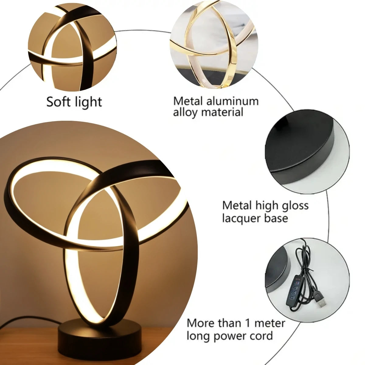 lampe led or noir spirale moderne câble alimentation chargeur usb chambre salon