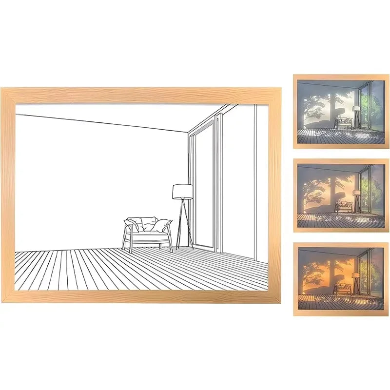 lampe ambiance rectangle cadre photo monochrome diffusion lumiere texture bois moderne