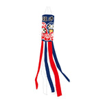 Éventail vent koinobori japonais motifs maneki neko rubans colorés bleu marine rouge blanc