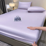parure lit drap housse élastique soie glacée oreillers coton frais bleu clair uni