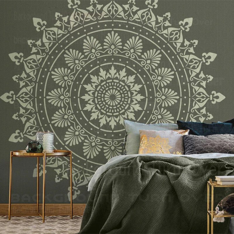 Stencil mural mandala fleurs gris blanc artisanal décoration adhésif papier autocollant large chambre salon