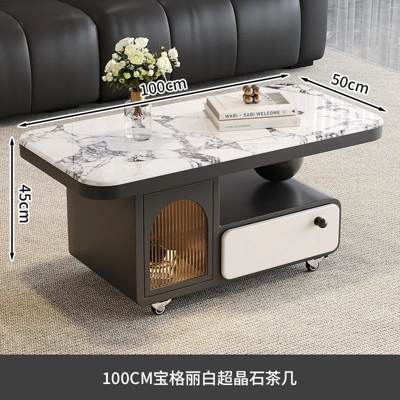 table basse moderne marbre noir tiroir roulette salon minimaliste italien