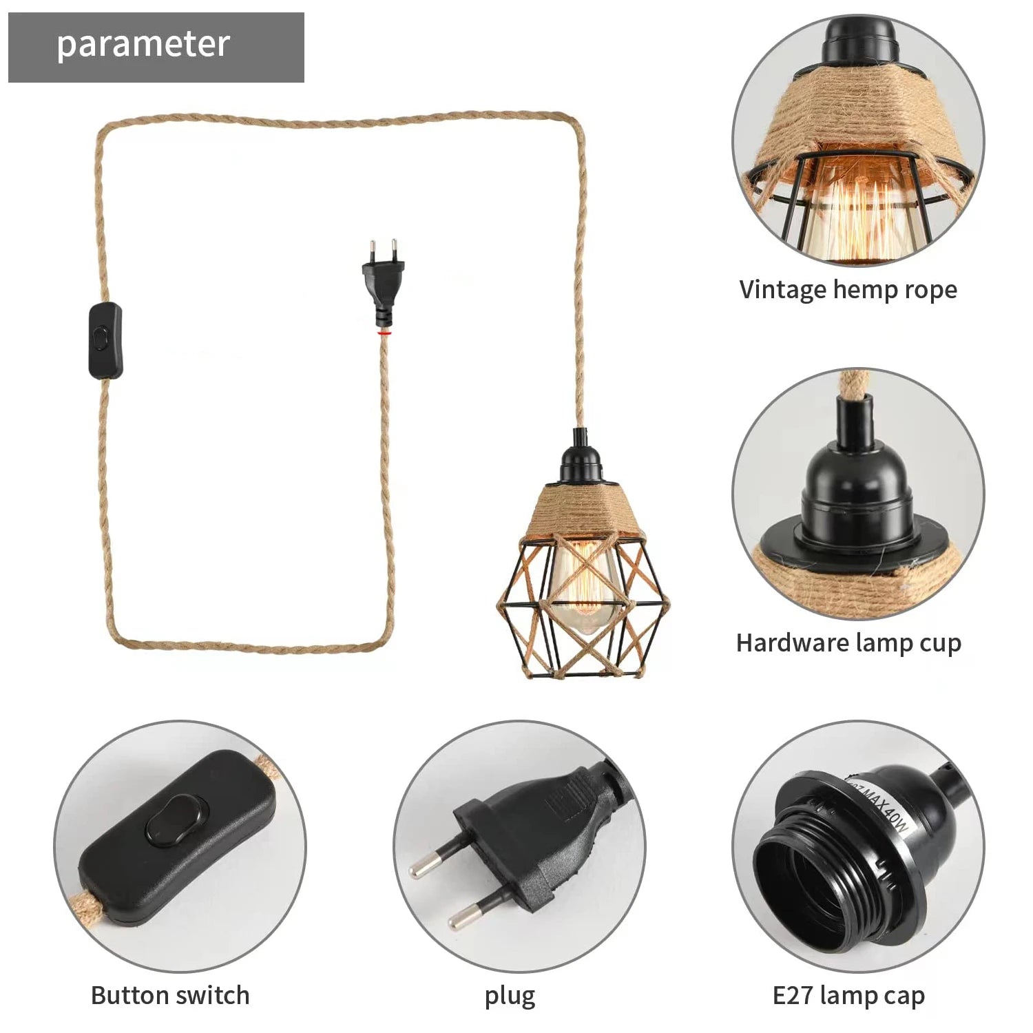 Câble suspension luminaire brun avec douille E27 et interrupteur