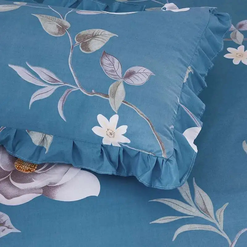 ensemble deux taies d'oreiller bleu fleurs blanches romantique lit double coton polyester