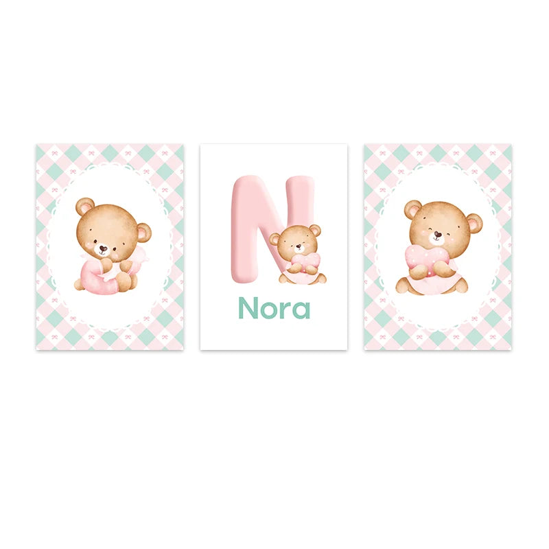 lettres alphabetiques ours mignons fond géométrique rose bleu dessin animé impressions toile sans cadre