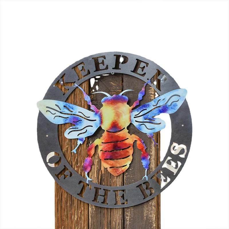 plaque murale métallique abeille coeur or bleu violet moderne artisanal oeilletsKeeperOFtheBEE MINE